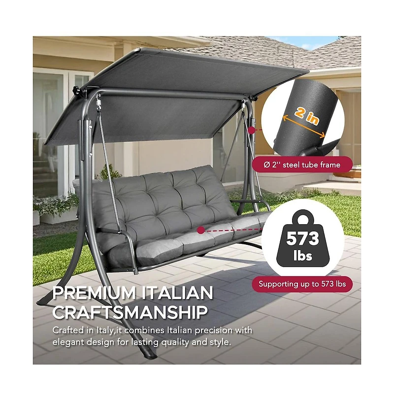 Sunjoy 3-Person Deluxe Outdoor Patio Garden Steel Frame Swing