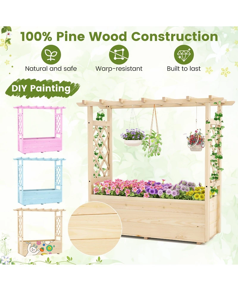 Gymax Wooden Raised Garden Bed/ Lattice Trellises Hanging Roof Drainage Indoor Outdoor