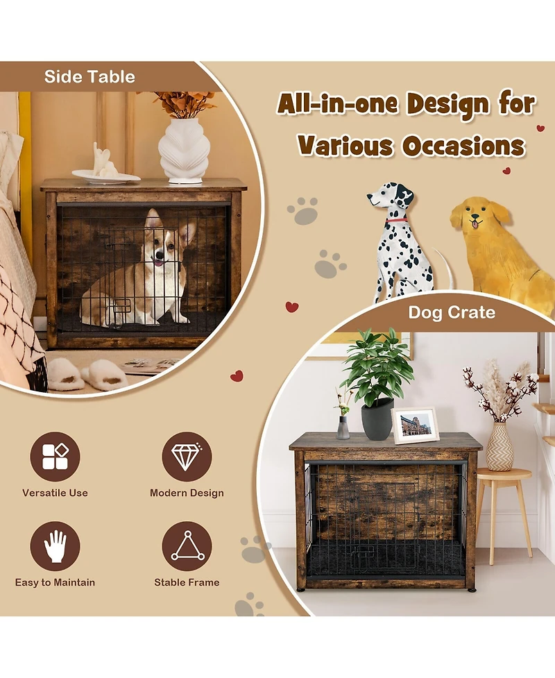 Gymax Wooden Dog Crate Furniture with Pad Bed Double Doors Dog Kennel End Table