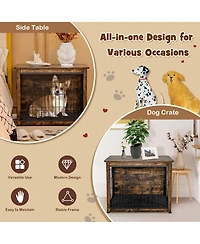 Gymax Wooden Dog Crate Furniture with Pad Bed Double Doors Dog Kennel End Table