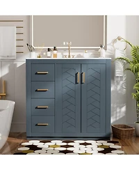 Lovmor 36inch Bathroom Vanity with Ceramic Sink Combo Solid Wood Frame Bathroom Storage Cabinet Freestanding Vanity Set with 3 Drawers Soft Closing Do