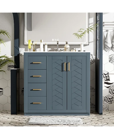 Lovmor 36inch Bathroom Vanity with Ceramic Sink Combo Solid Wood Frame Bathroom Storage Cabinet Freestanding Vanity Set with 3 Drawers Soft Closing Do