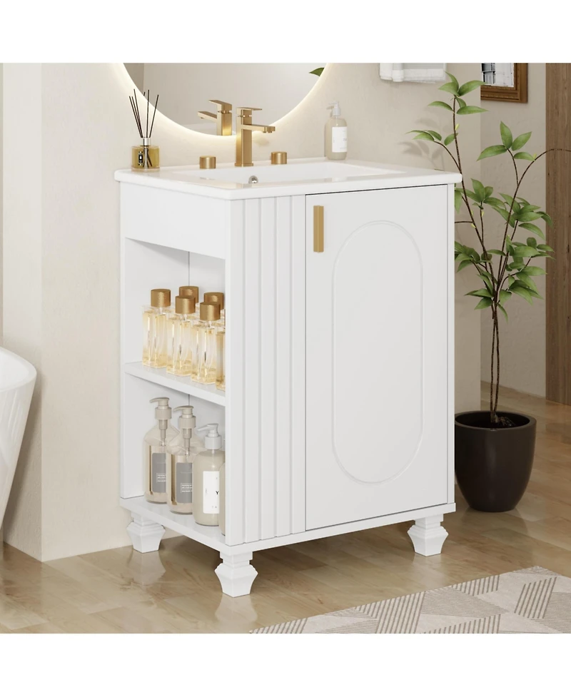 Lovmor 24inch Bathroom Vanity with Sink Bathroom Cabinet with Door Shelf Side Open Storage Solid Wood Frame Soft Closing Door White