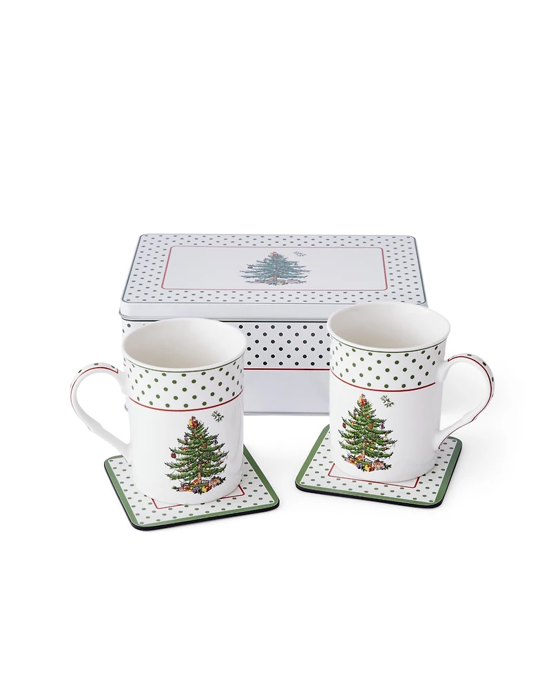 Spode Christmas Tree Polka Dot 5-Pc. Mug and Tin Coaster Set
