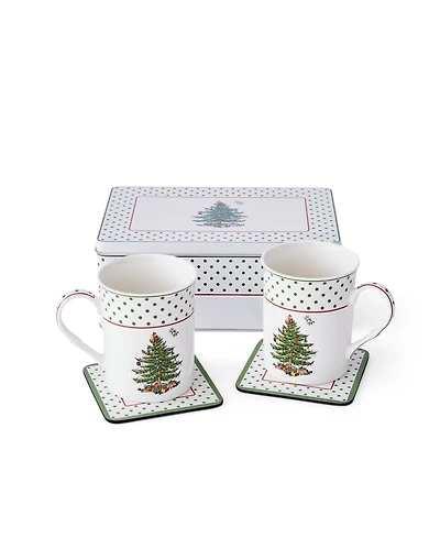 Spode Christmas Tree Polka Dot 5-Pc. Mug and Tin Coaster Set