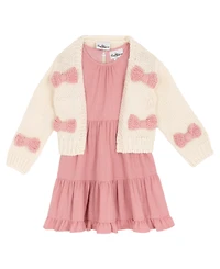 Rare Editions Girls 2T-6X 2-Piece Bow Cardigan Textured Knit Dress