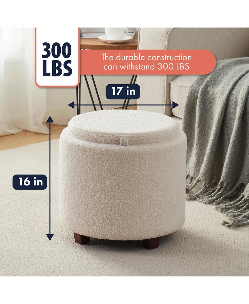 Ornavo Home Lawrence Round Boucle White Storage Ottoman with Table Top Lid