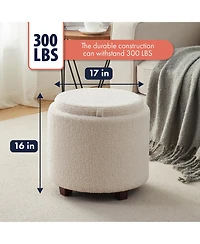 Ornavo Home Lawrence Round Boucle White Storage Ottoman with Table Top Lid