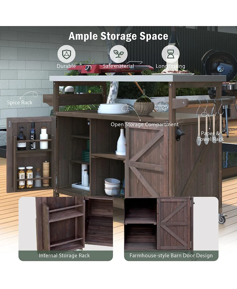 Maison Boucle Outdoor Kitchen Island Cart with Storage, Solid Wood Bbq Grill Station Stainless Steel Top, Spice Rack & Towel Bar-Maison