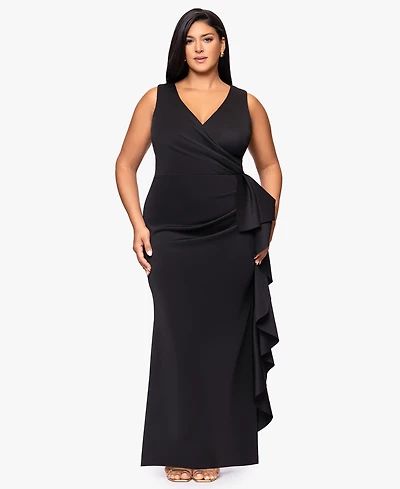 Betsy & Adam Plus Sleeveless Ruffled Ballgown Dress