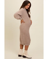 Pinkblush Maternity Beige Mock Neck Bubble Sleeve Midi Sweater Dress