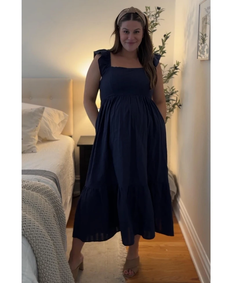 Pinkblush Maternity Navy Blue Textured Cotton Ruffle Strap Midi Dress