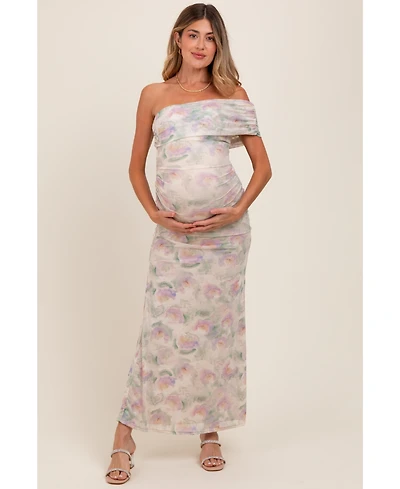 Pinkblush Maternity Cream One Shoulder Ruched Maxi Dress