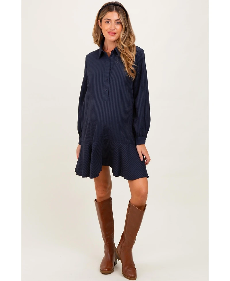 Pinkblush Maternity Navy Striped Long Sleeve Drop Waist Polo Dress