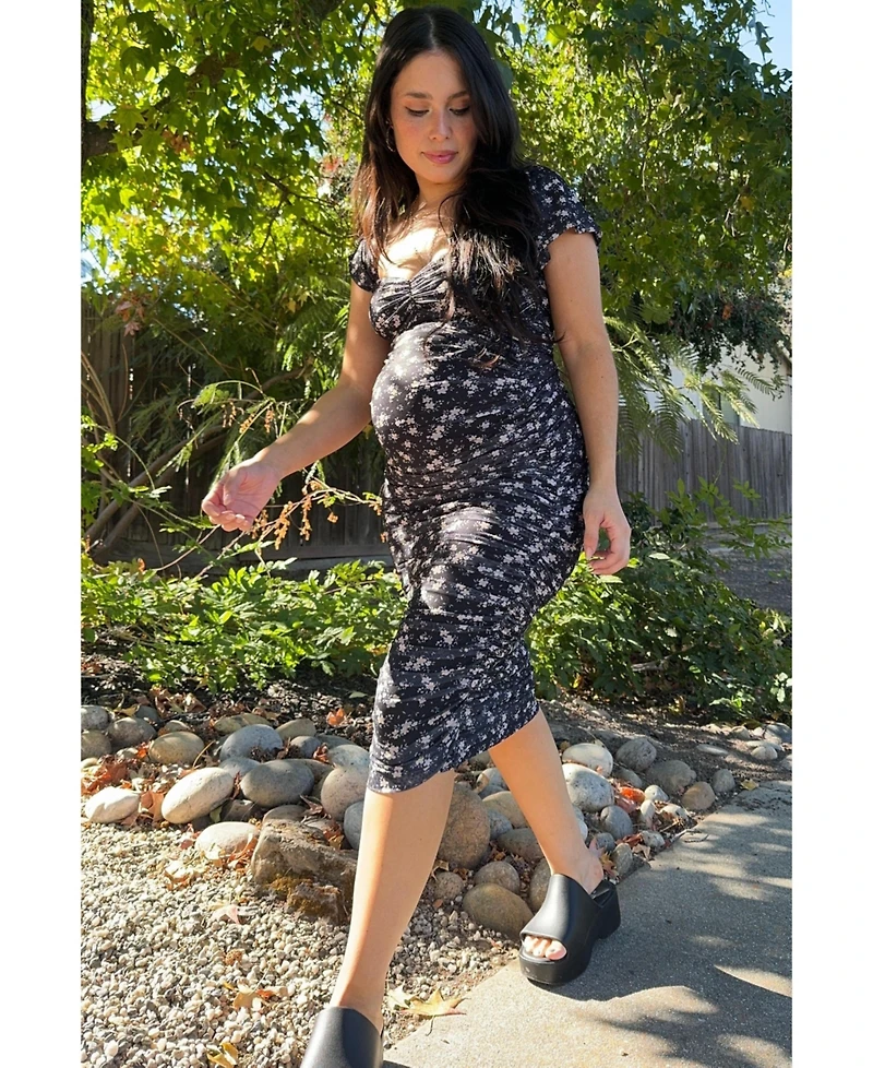 Pinkblush Maternity Black Printed Stretch Knit Ruched Dress
