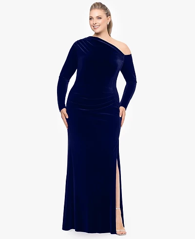 Betsy & Adam Plus Cold-Shoulder Velvet Gown