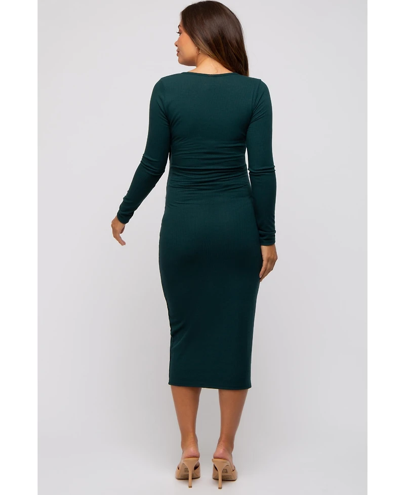 Pinkblush Forest Green Ribbed Long Sleeve Maternity Wrap Dress