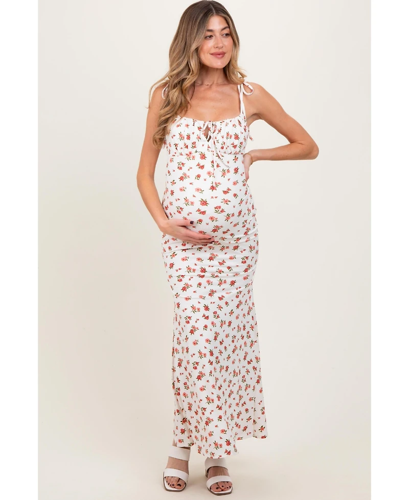 Pinkblush Red Ribbed Floral Shoulder Tie Maternity Maxi Dress