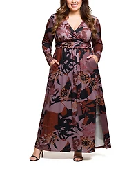 24seven Comfort Apparel Plus Gray Floral Print Long Sleeve Wrap Maxi Dress