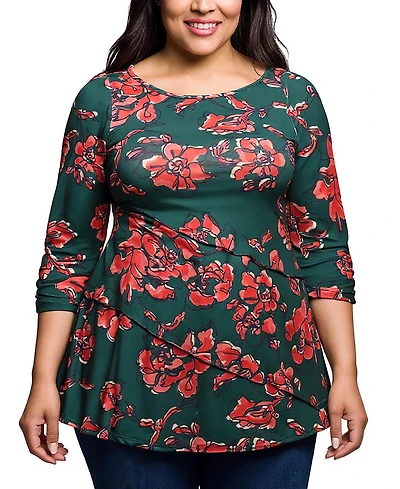24seven Comfort Apparel Plus Green Floral Print Three Quarter Sleeve Tunic Top
