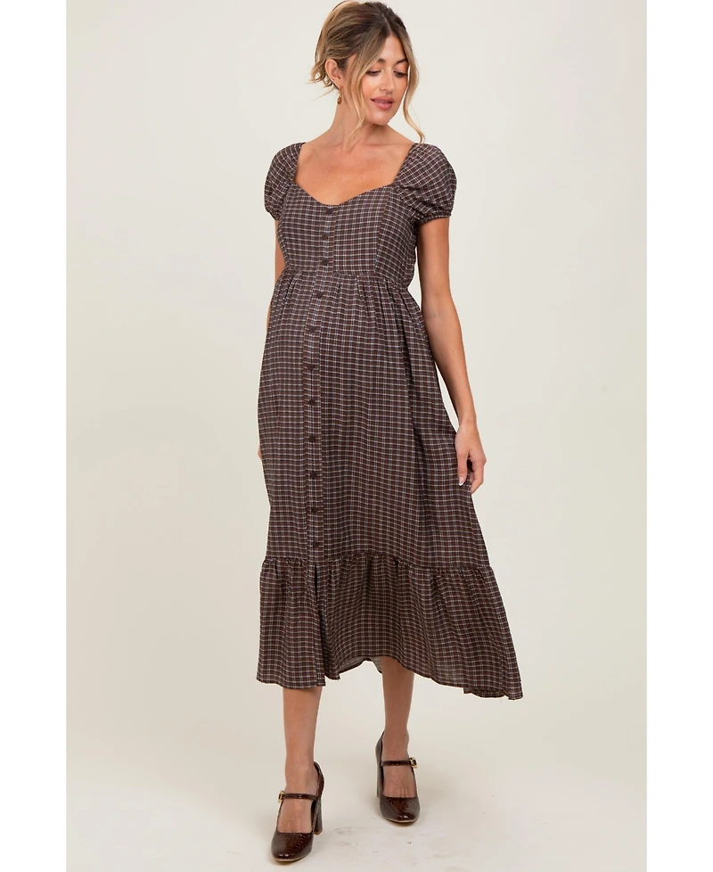 Pinkblush Maternity Brown Plaid Puff Sleeve Button Down Maxi Dress