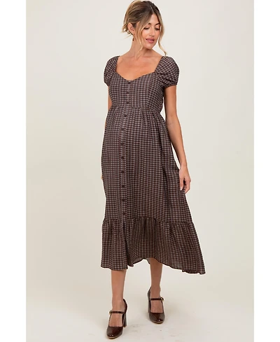 Pinkblush Maternity Brown Plaid Puff Sleeve Button Down Maxi Dress