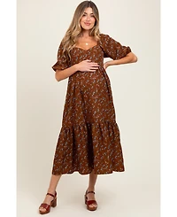 Pinkblush Maternity Mocha Floral Sweetheart Puff Sleeve Midi Dress