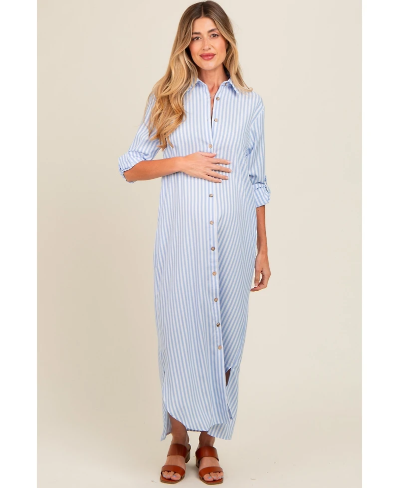 Pinkblush Maternity Light Blue Striped Button Down Maxi Dress