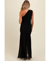 Pinkblush Light Pink Ruched Mesh One Shoulder Maternity Maxi Dress