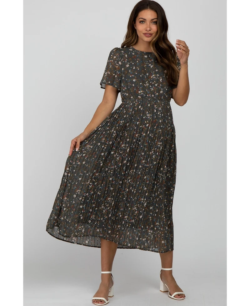 Pinkblush Maternity Teal Floral Pleated Chiffon Midi Dress