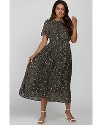Pinkblush Maternity Teal Floral Pleated Chiffon Midi Dress