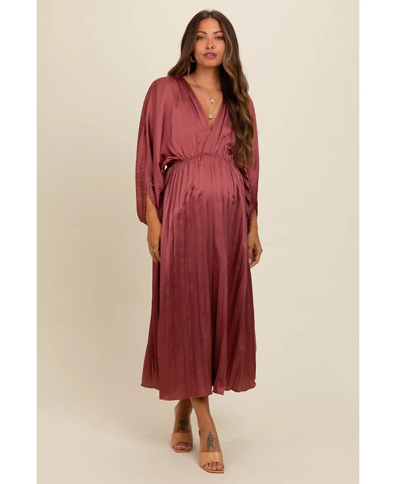 Pinkblush Maternity Mauve Satin Pleated V-Neck Maxi Dress