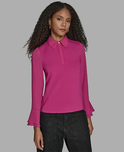 Bcbg Women's Long Sleeve Ruffle-Cuff Collared Top