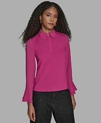Bcbg Women's Long Sleeve Ruffle-Cuff Collared Top