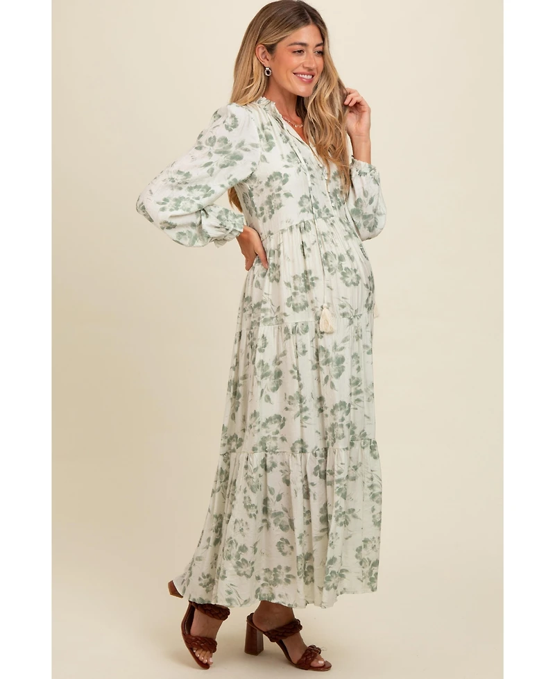 Pinkblush Maternity Olive Floral Button Front Tiered Long Sleeve Maxi Dress
