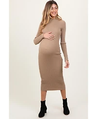 Pinkblush Maternity Light Taupe Mock Neck Fitted Ribbed Knit Midi Dress