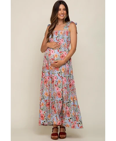 Pinkblush Maternity Light Blue Floral Smocked Shoulder Tie Tiered Maxi Dress