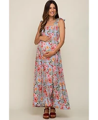 Pinkblush Maternity Light Blue Floral Smocked Shoulder Tie Tiered Maxi Dress