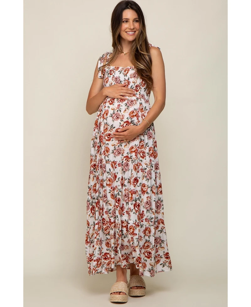 Pinkblush Maternity Light Blue Floral Smocked Shoulder Tie Tiered Maxi Dress