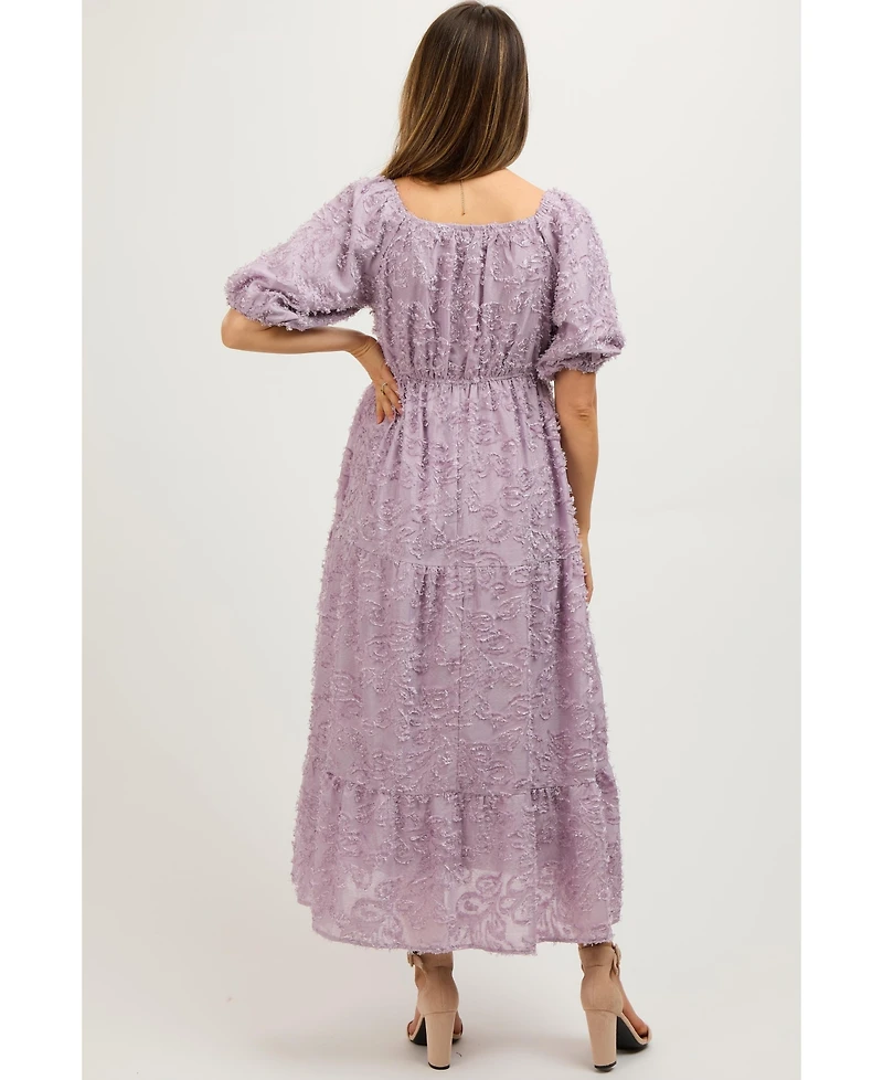 Pinkblush Maternity Lavender Fringe Textured Short Puff Sleeve Midi Dress