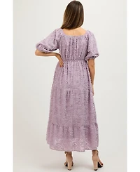 Pinkblush Maternity Lavender Fringe Textured Short Puff Sleeve Midi Dress