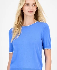 Nautica Jeans Women's Scallop-Trim Short Sleeve Crewneck Sweater