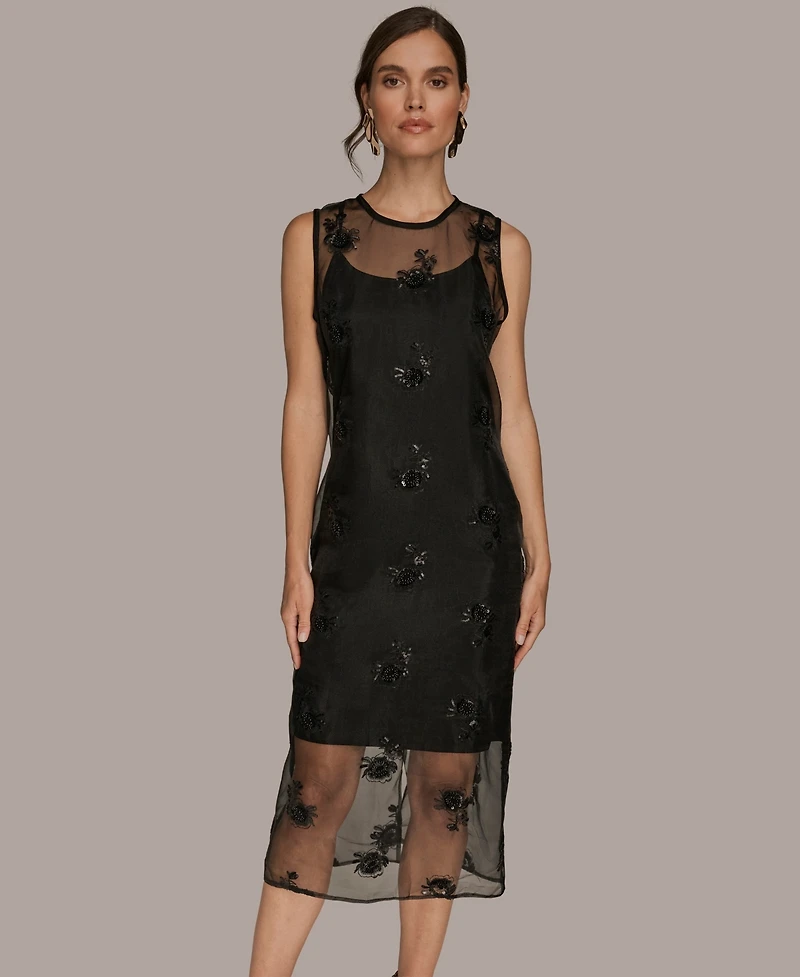 Donna Karan New York Women's Embroidered Sequin Slip Sleeveless Dress