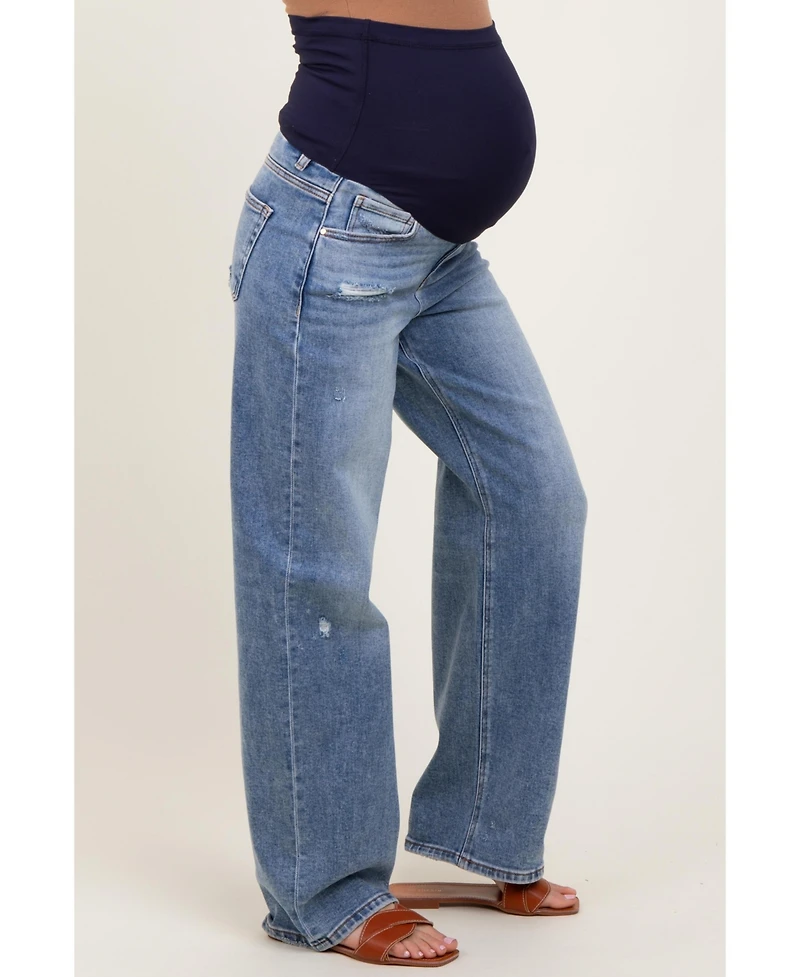 Pinkblush Maternity Blue Distressed Vintage Wash Wide Leg Jeans