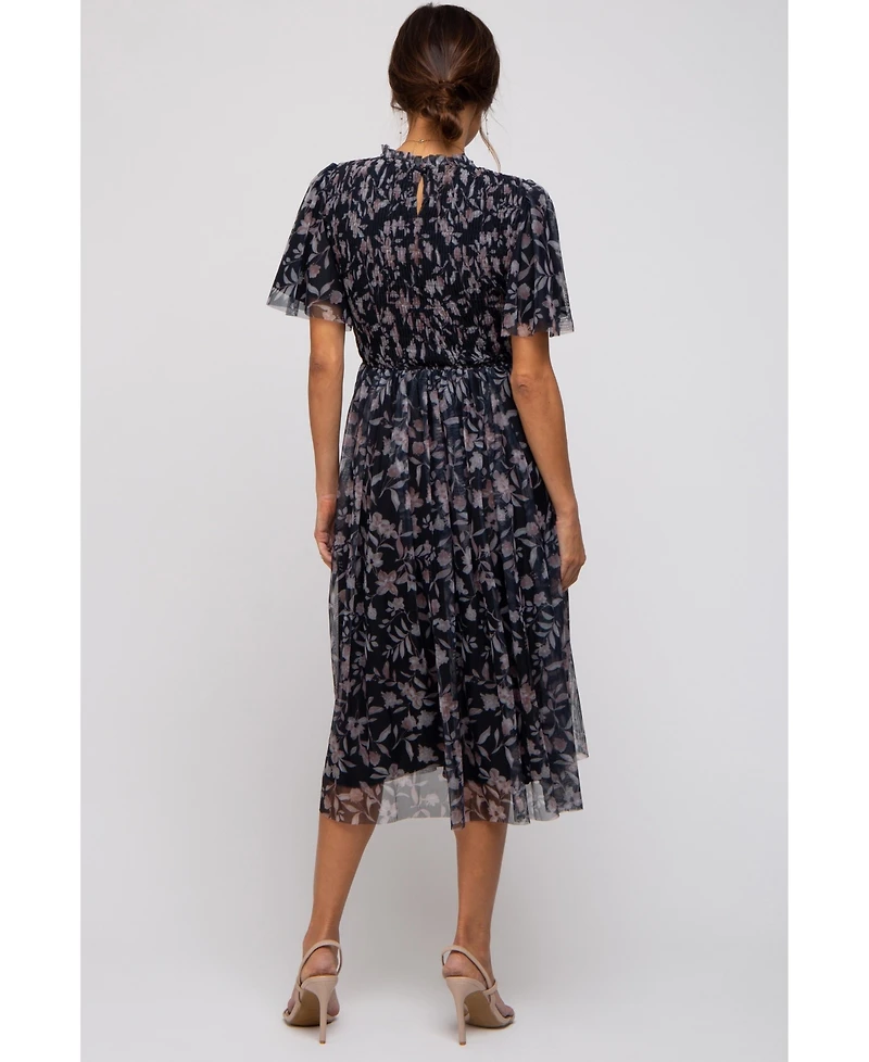 Pinkblush Maternity Black Floral Smocked Mesh Knit Midi Dress
