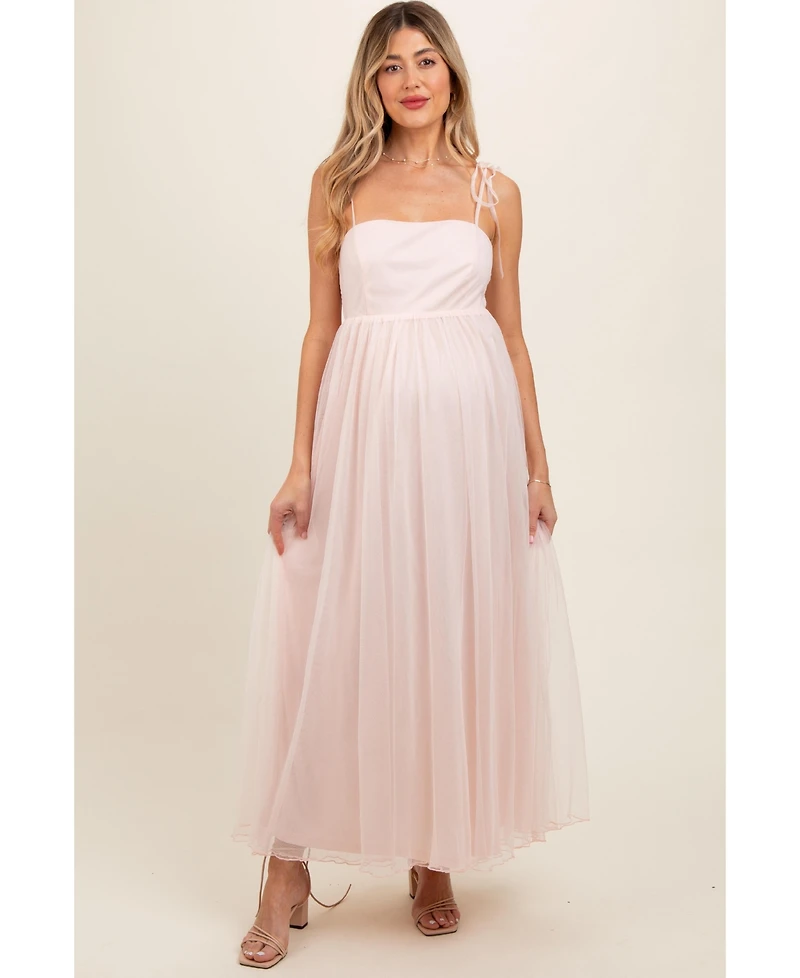 Pinkblush Maternity Light Pink Square Neck Shoulder Tie Tulle Maxi Dress