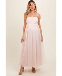 Pinkblush Maternity Light Pink Square Neck Shoulder Tie Tulle Maxi Dress