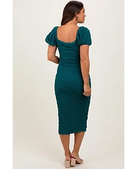 Pinkblush Forest Green Textured Square Neck Puff Sleeve Maternity Midi Dress