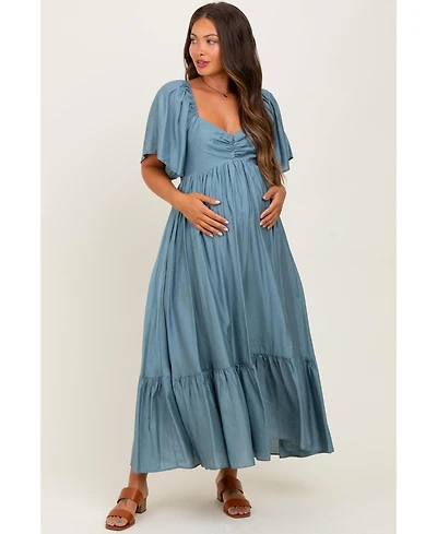 Pinkblush Maternity Blue Flutter Sleeve Ruffle Hem Midi Dress