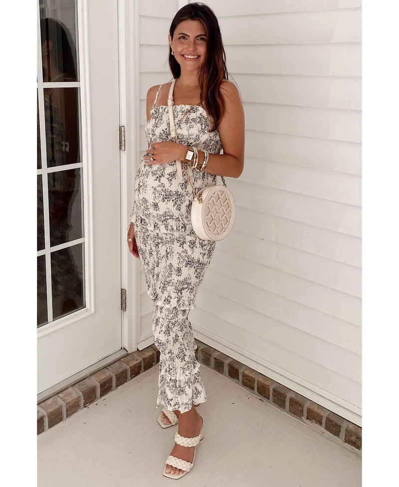 Pinkblush Maternity Cream Floral Smocked Fitted Midi Dress